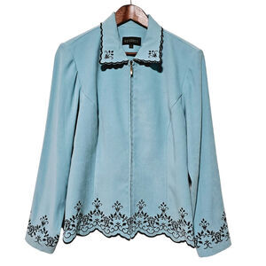 Studio 1 Faux Suede Jacket Women's Size 12 Blue Embroidered Full Zip Boho Retro